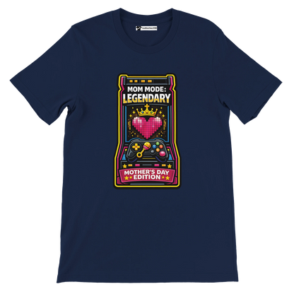 Navy blue t-shirt with pixel heart, gaming controller, and 'Mom Mode: Legendary Mother's Day Edition' print.