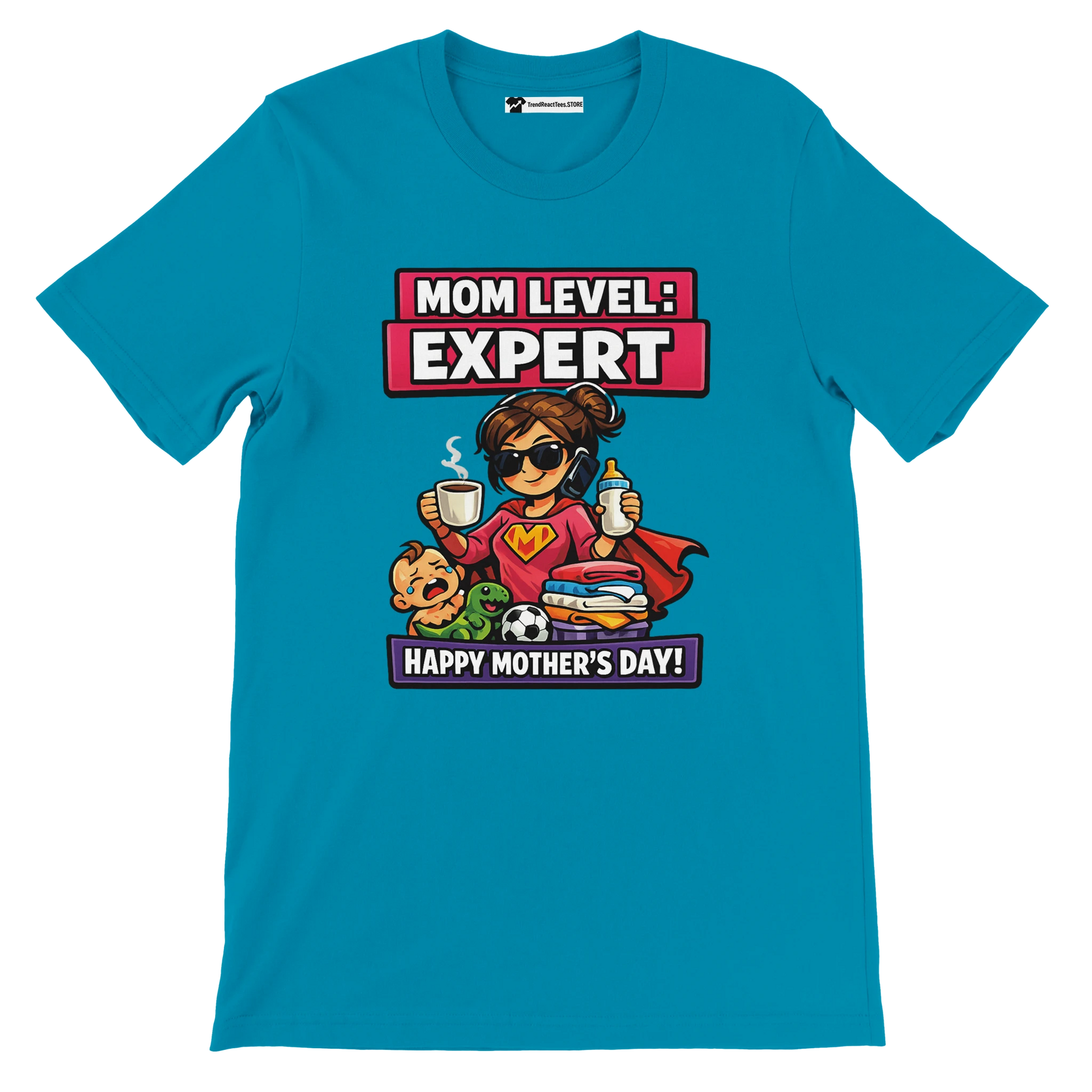 Blue anime aesthetic t-shirt with mom superhero graphic and 'Mom Level: Expert, Happy Mother's Day' text