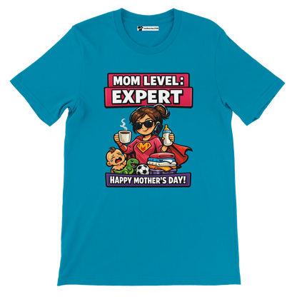 Blue anime aesthetic t-shirt with mom superhero graphic and 'Mom Level: Expert, Happy Mother's Day' text