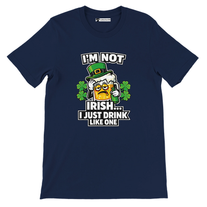 Navy blue St. Patrick's Day tee with funny 'I'm not Irish, I just drink like one' graphic, shamrocks, and beer mug design.