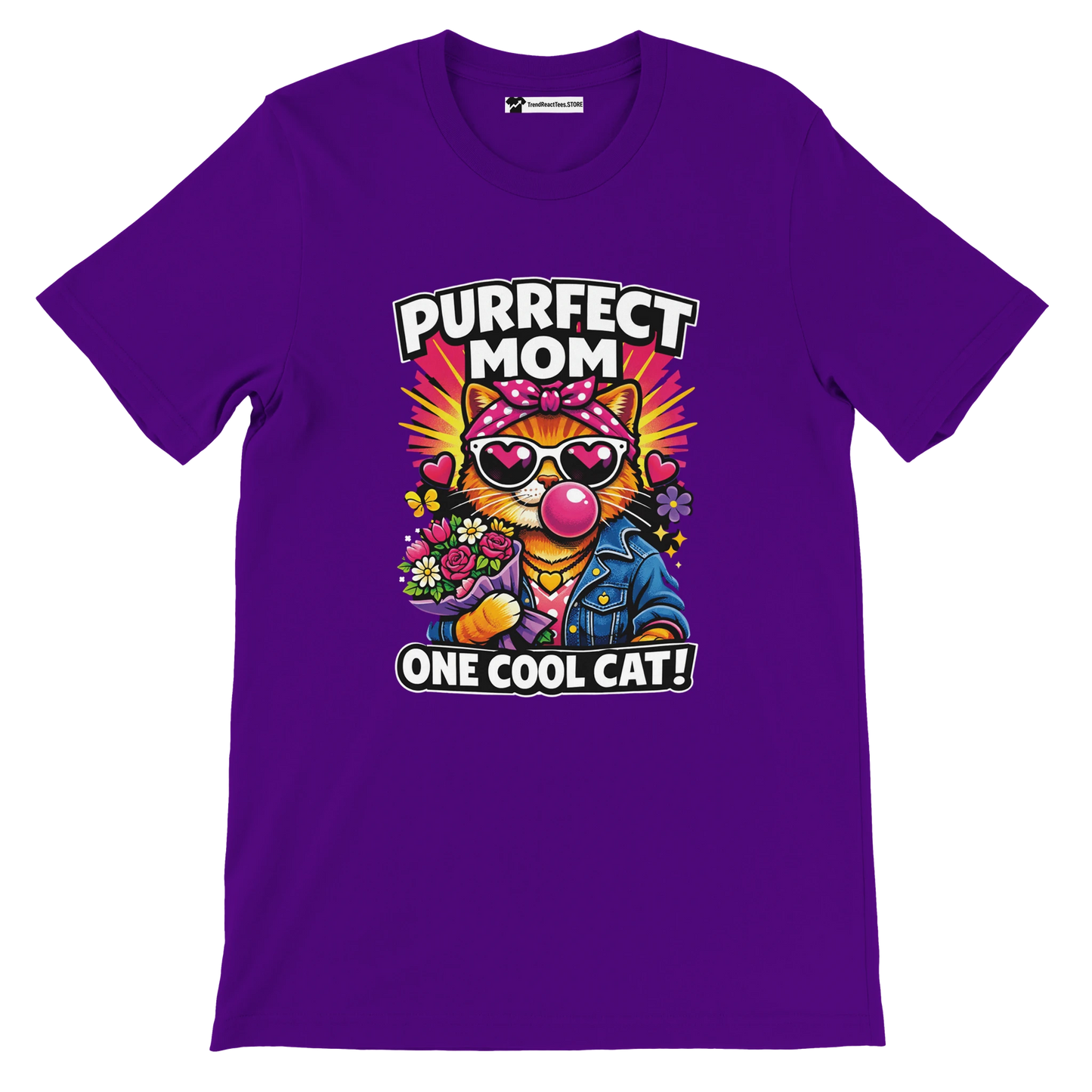 Purple t-shirt with cartoon cat in sunglasses, flowers, and text 'Purrfect Mom One Cool Cat'.