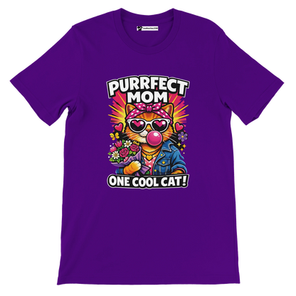 Purple t-shirt with cartoon cat in sunglasses, flowers, and text 'Purrfect Mom One Cool Cat'.