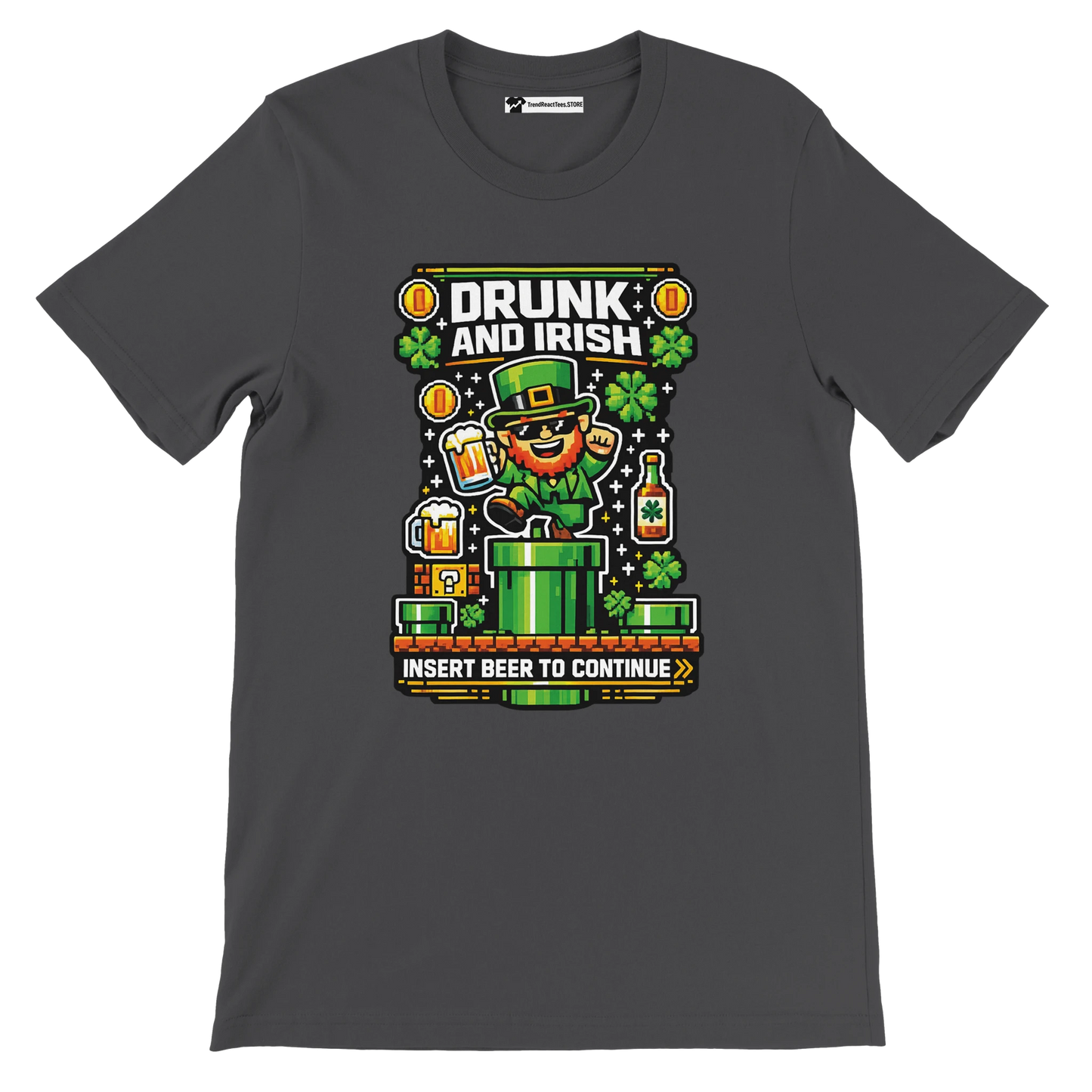 Drunk and Irish pixel art tee with leprechaun, beer, shamrocks, and 'Insert Beer to Continue' text for St. Patrick's Day.