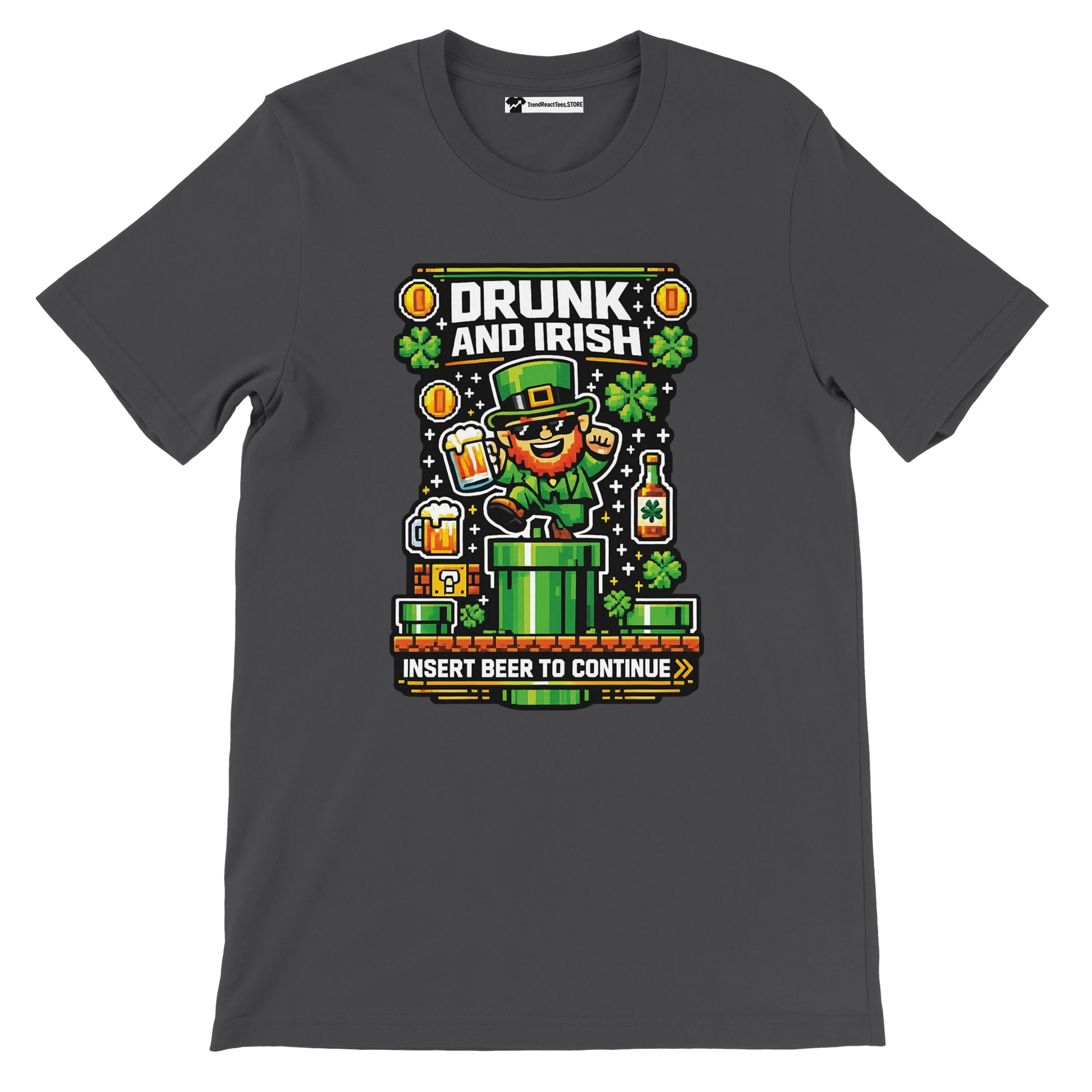 Drunk and Irish pixel art tee with leprechaun, beer, shamrocks, and 'Insert Beer to Continue' text for St. Patrick's Day.