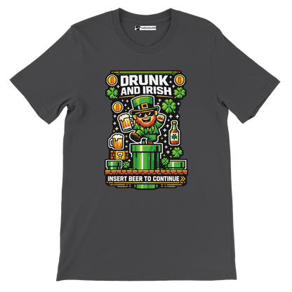 Drunk and Irish pixel art tee with leprechaun, beer, shamrocks, and 'Insert Beer to Continue' text for St. Patrick's Day.