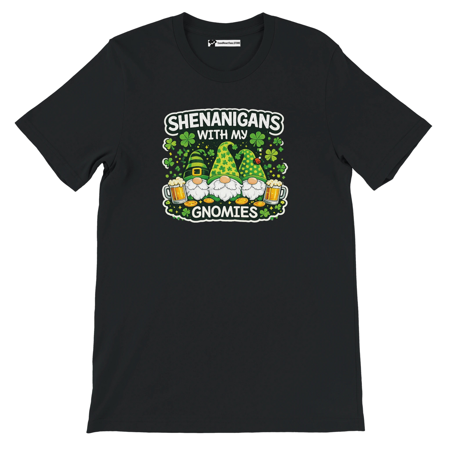Black St. Patrick's Day tee with 'Shenanigans with my Gnomies' graphic, gnomes, beer, shamrocks