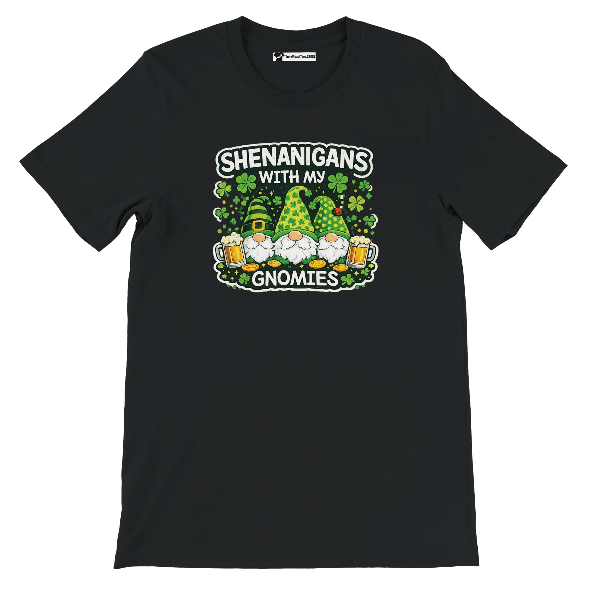 Black St. Patrick's Day tee with 'Shenanigans with my Gnomies' graphic, gnomes, beer, shamrocks