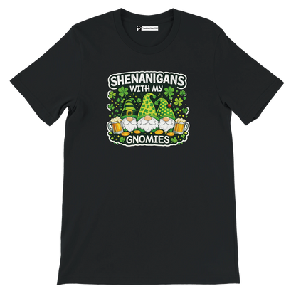 Black St. Patrick's Day tee with 'Shenanigans with my Gnomies' graphic, gnomes, beer, shamrocks