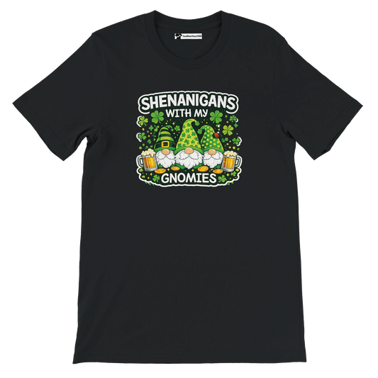 Black St. Patrick's Day tee with 'Shenanigans with my Gnomies' graphic, gnomes, beer, shamrocks
