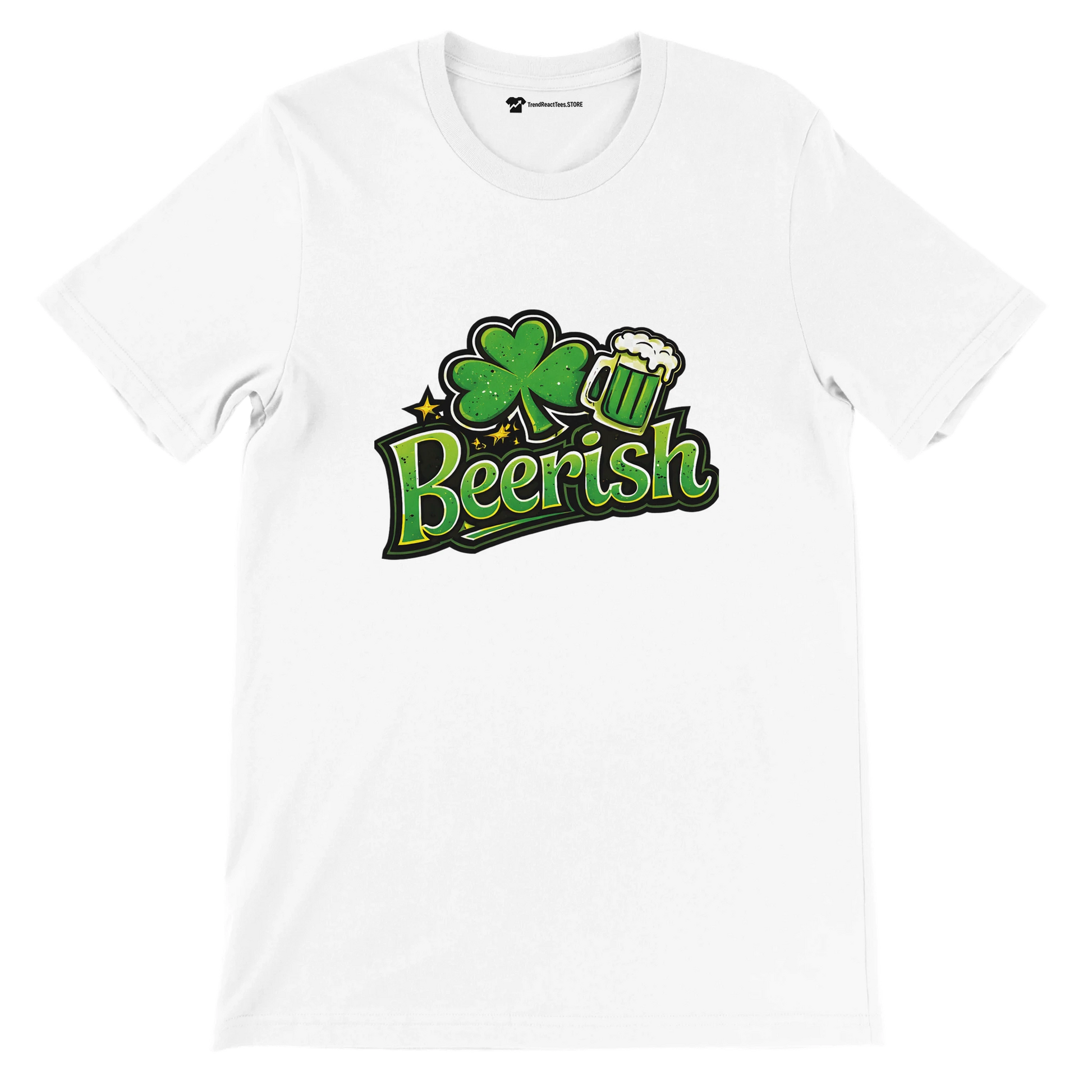 White t-shirt with green 'Beerish' graphic, shamrock, and beer mug for St. Patrick's Day