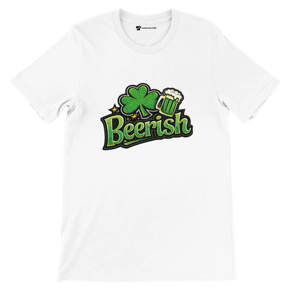 White t-shirt with green 'Beerish' graphic, shamrock, and beer mug for St. Patrick's Day