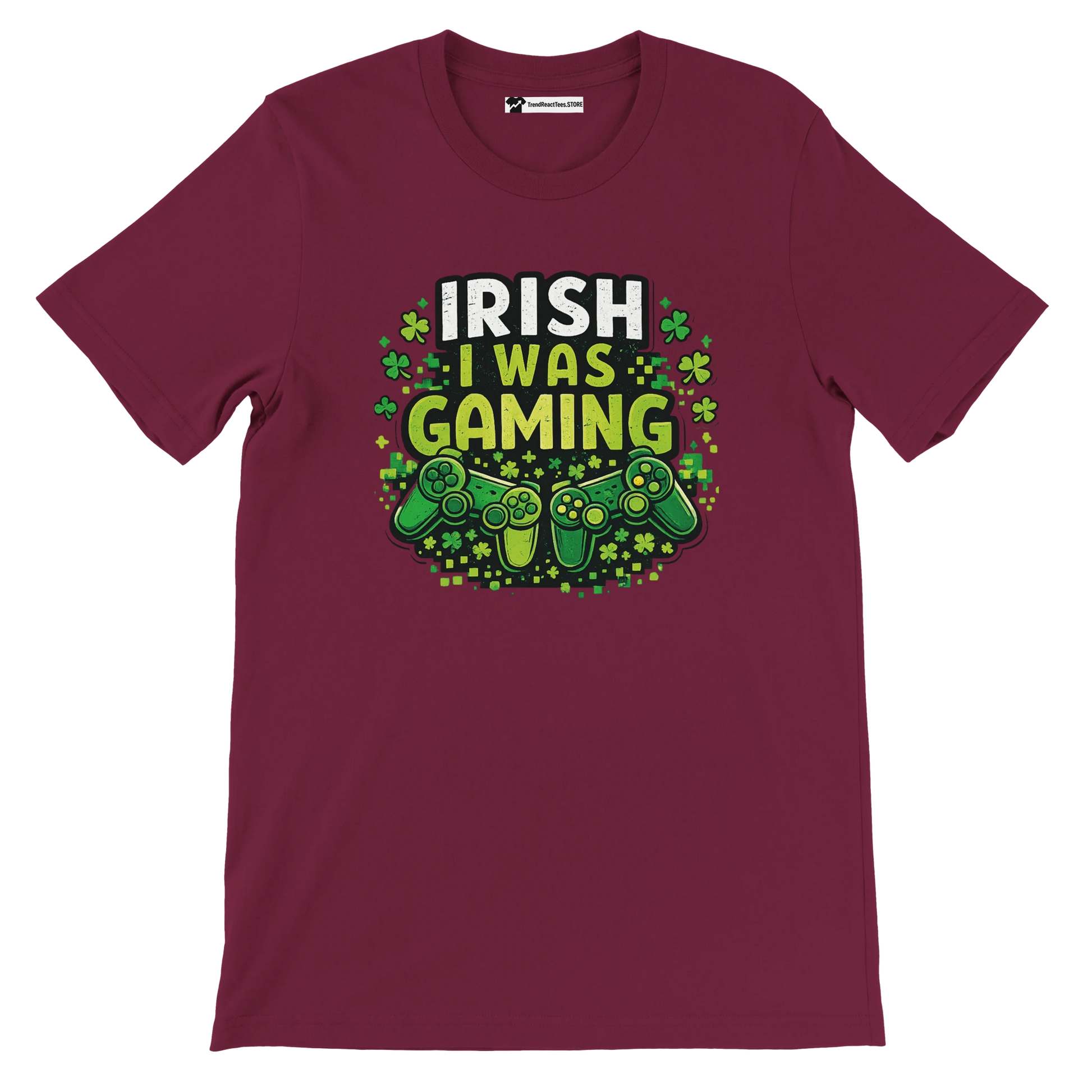 Irish I Was Gaming t-shirt with shamrocks and controllers, perfect for St. Patrick's Day gamers.