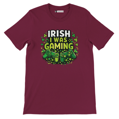 Irish I Was Gaming t-shirt with shamrocks and controllers, perfect for St. Patrick's Day gamers.