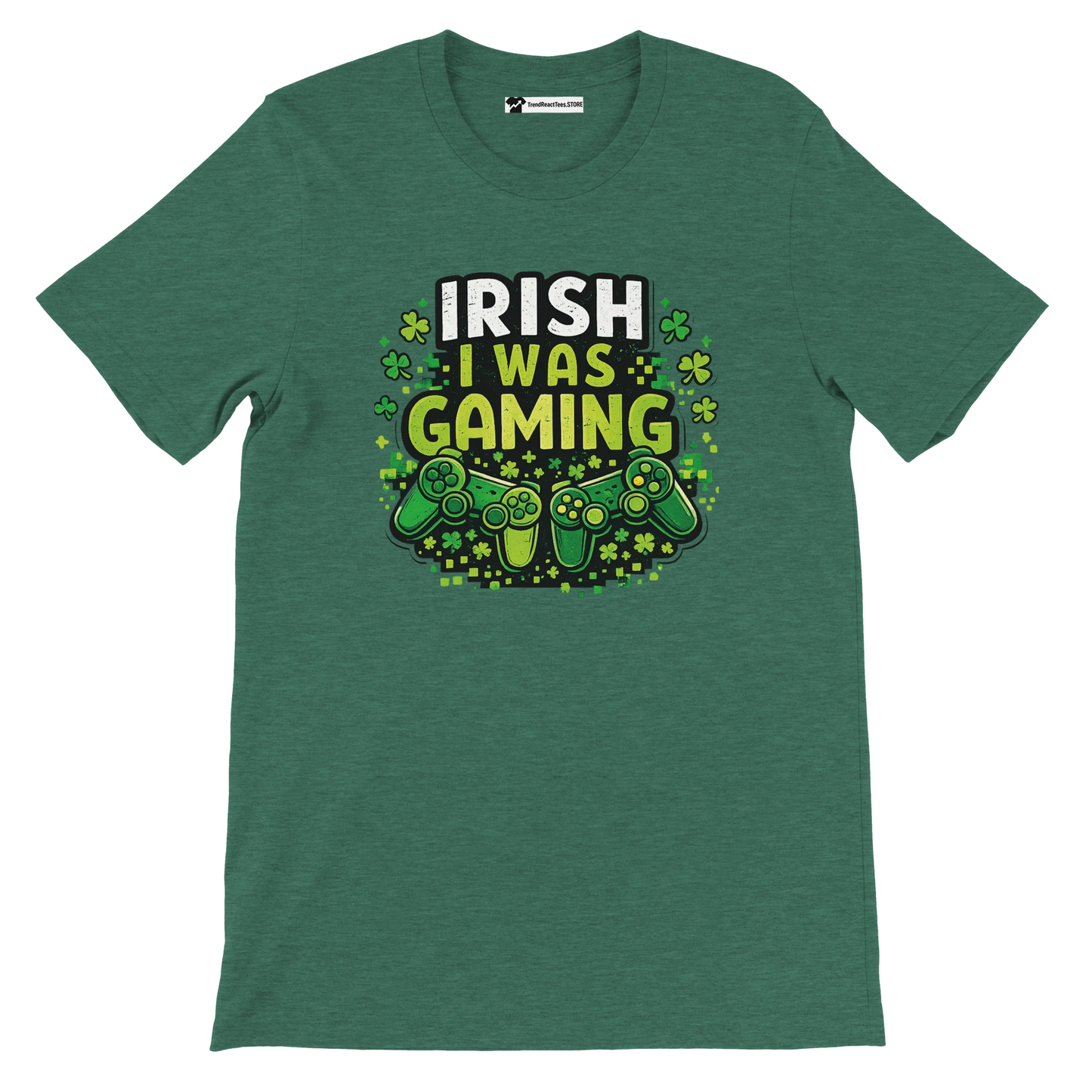 Irish I Was Gaming t-shirt with shamrocks and controllers, perfect for St. Patrick's Day or gamers.
