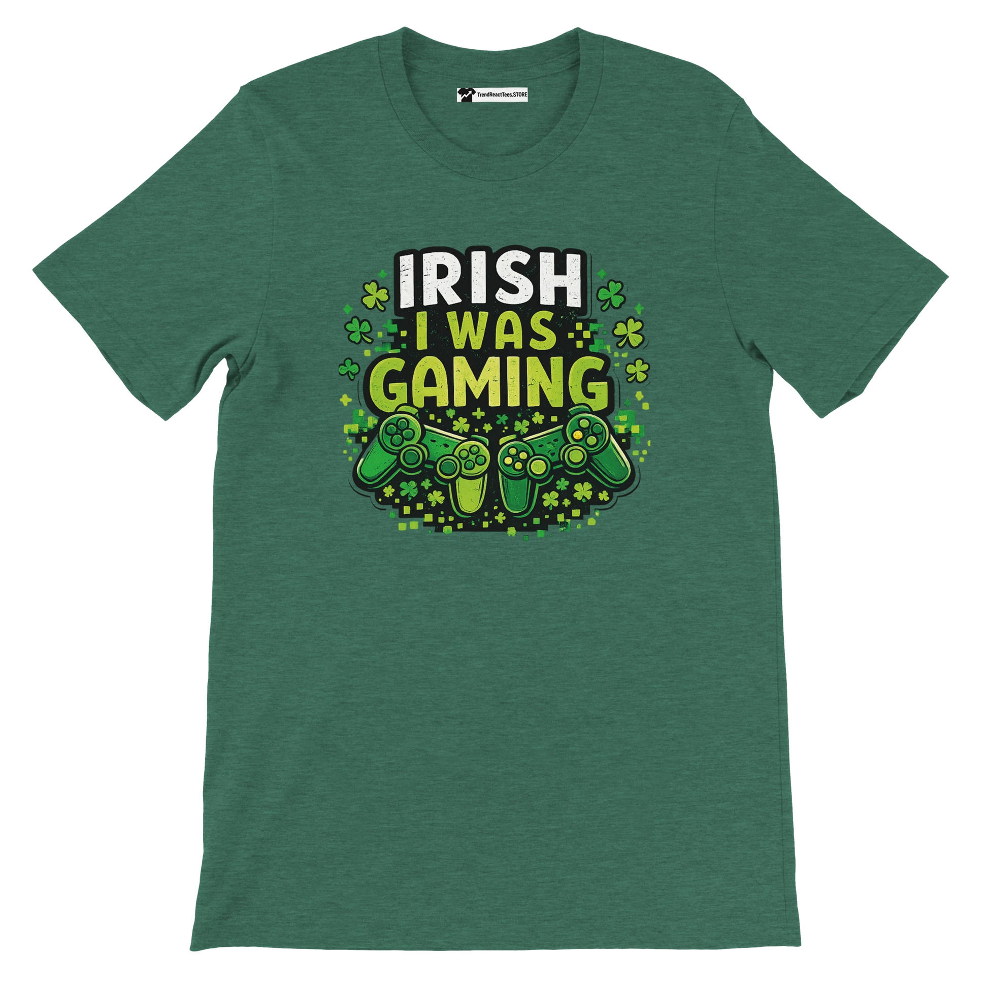 Irish I Was Gaming t-shirt with shamrocks and controllers, perfect for St. Patrick's Day or gamers.