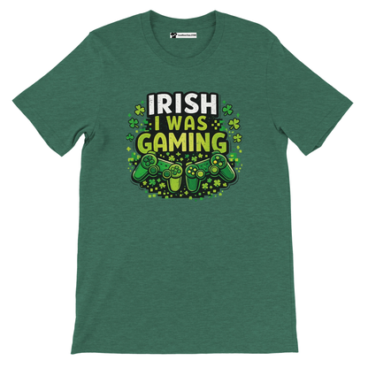 Irish I Was Gaming t-shirt with shamrocks and controllers, perfect for St. Patrick's Day or gamers.