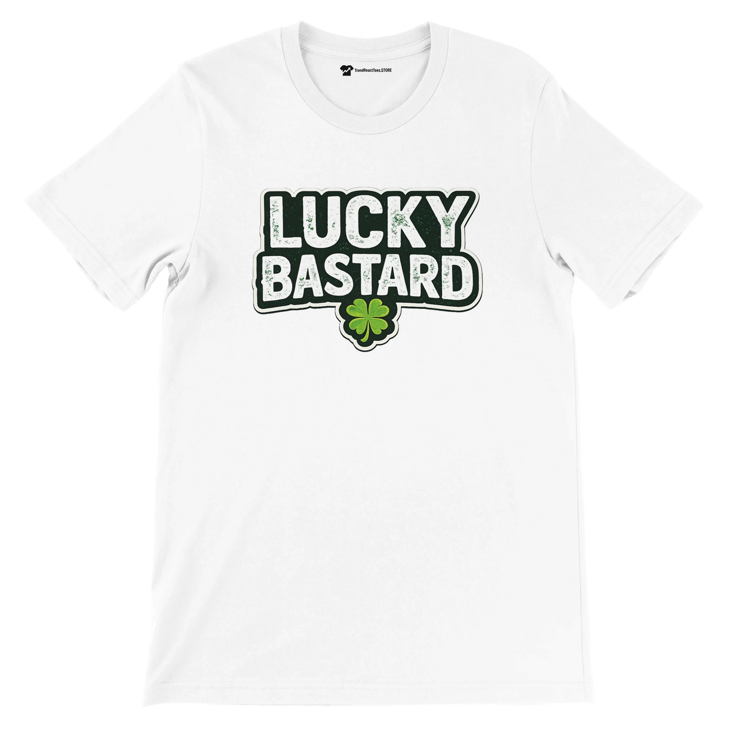 White Lucky Bastard St. Patrick's Day tee with green shamrock, bold text design for festive holiday wear