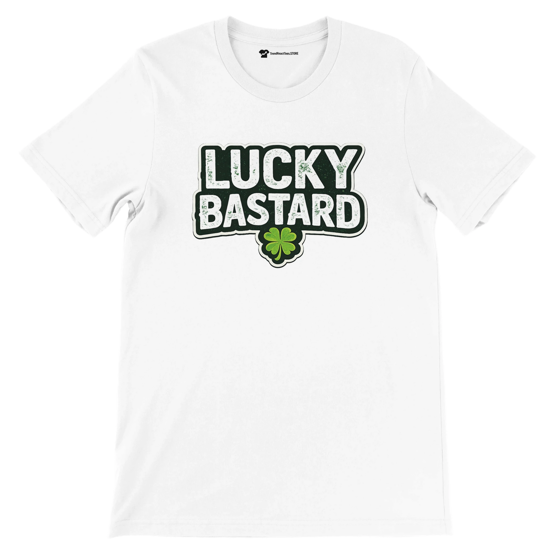White Lucky Bastard St. Patrick's Day tee with green shamrock, bold text design for festive holiday wear