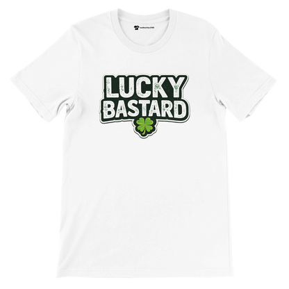 White Lucky Bastard St. Patrick's Day tee with green shamrock, bold text design for festive holiday wear