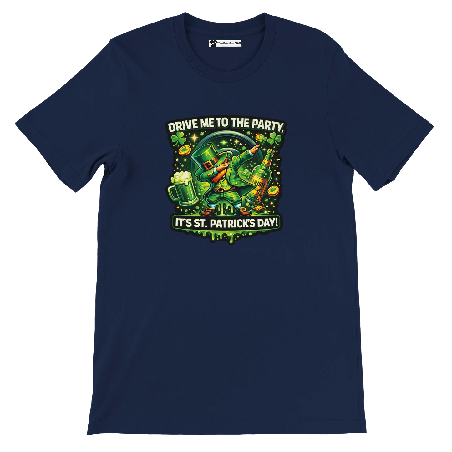 Navy St. Patrick's Day tee with dabbing leprechaun, beer, shamrocks, and 'Drive Me to the Party' text