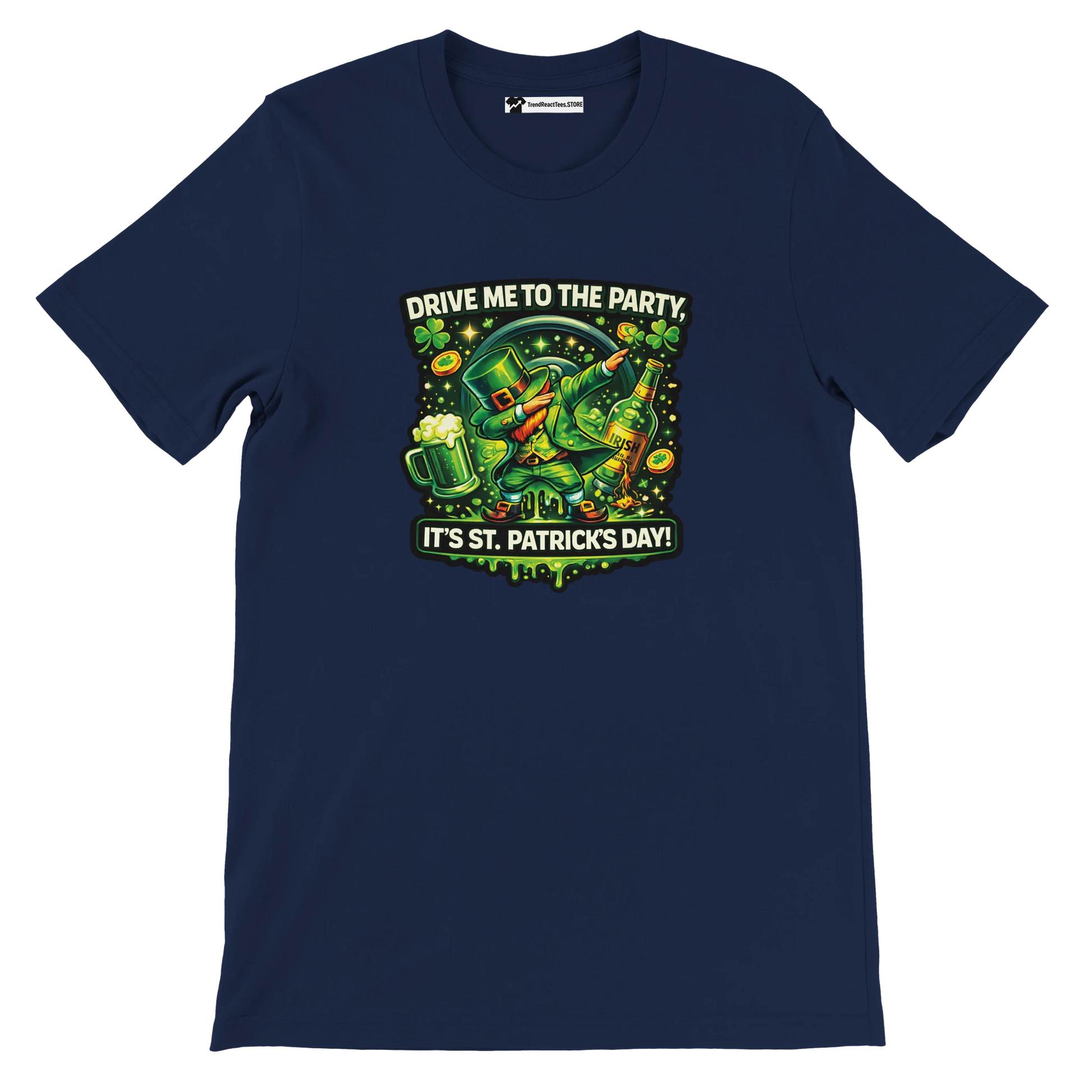 Navy St. Patrick's Day tee with dabbing leprechaun, beer, shamrocks, and 'Drive Me to the Party' text