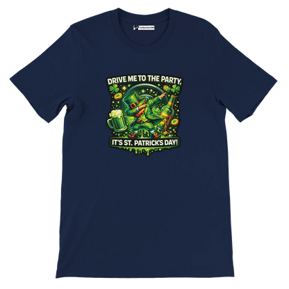 Navy St. Patrick's Day tee with dabbing leprechaun, beer, shamrocks, and 'Drive Me to the Party' text