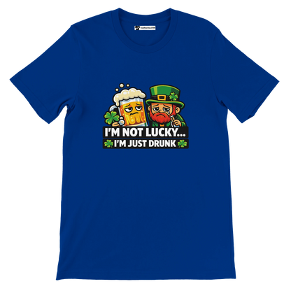 Blue St. Patrick's Day tee with leprechaun, beer, and 'I'm Not Lucky... I'm Just Drunk' text