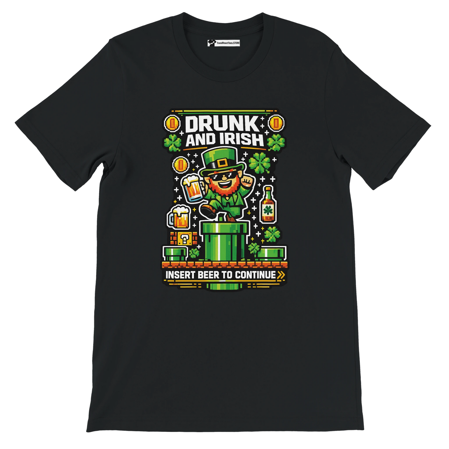 Black tee with pixel art leprechaun, beer, shamrocks, 'Drunk and Irish' text, St. Patrick's Day gaming theme