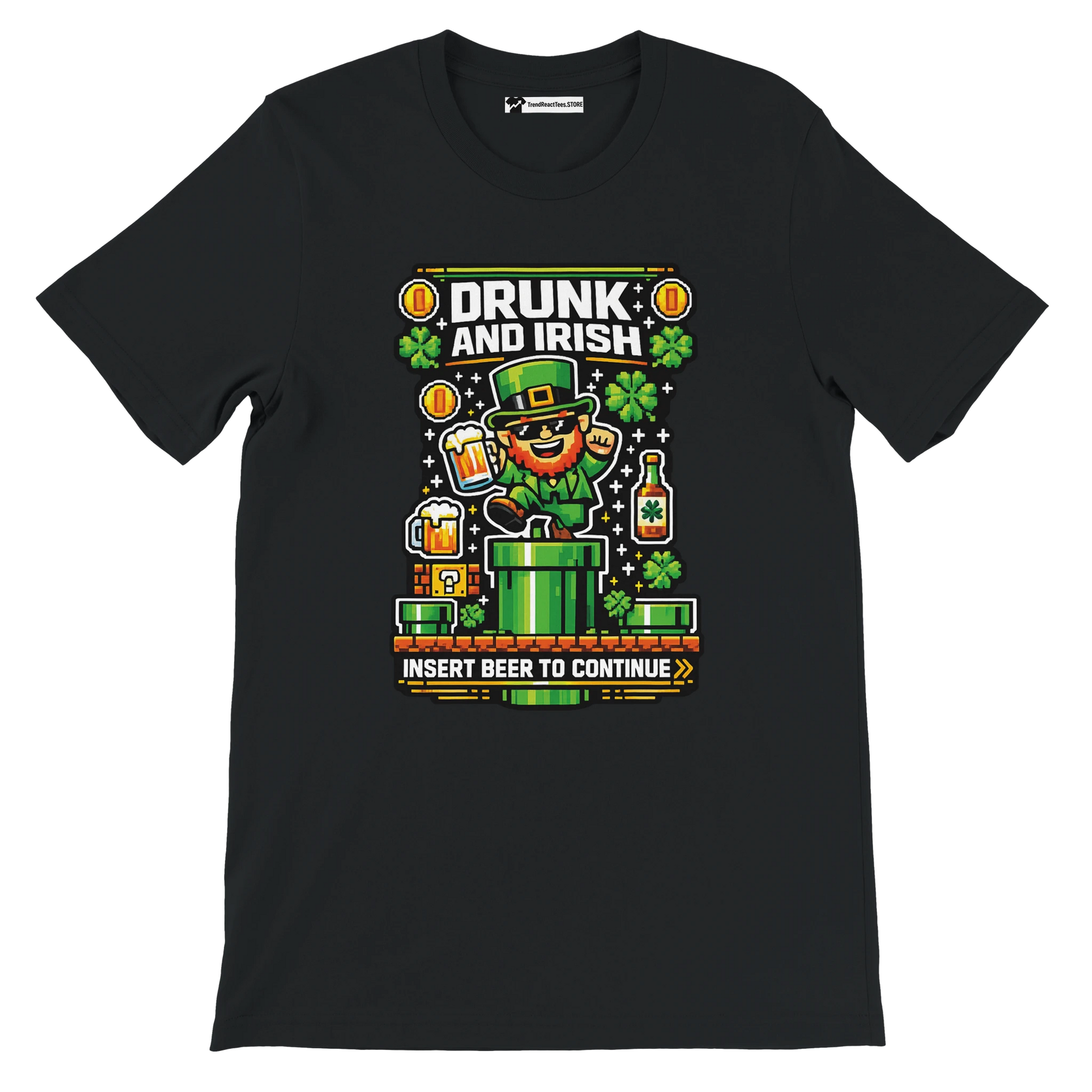 Black tee with pixel art leprechaun, beer, shamrocks, 'Drunk and Irish' text, St. Patrick's Day gaming theme