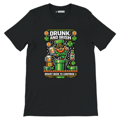 Black tee with pixel art leprechaun, beer, shamrocks, 'Drunk and Irish' text, St. Patrick's Day gaming theme