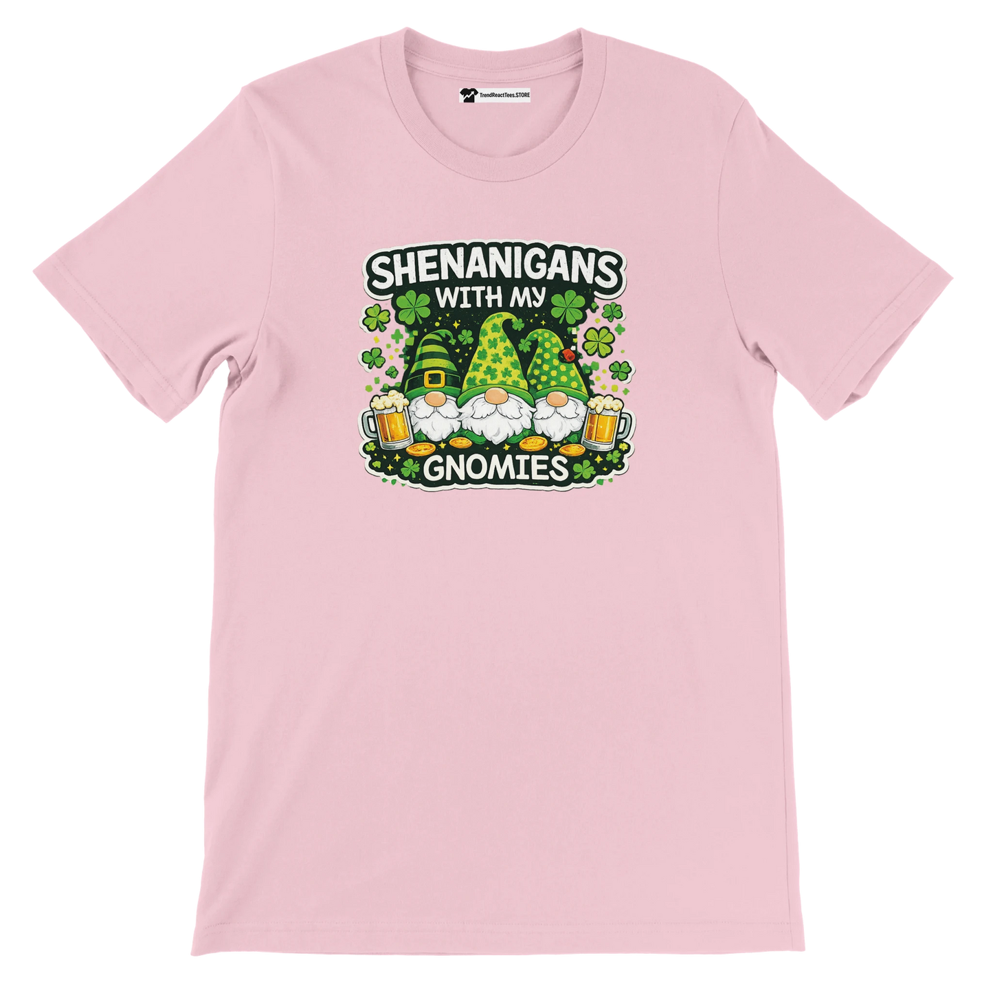 Pink tee with 'Shenanigans with my Gnomies' St. Patrick’s Day design, gnomes, beer, shamrocks