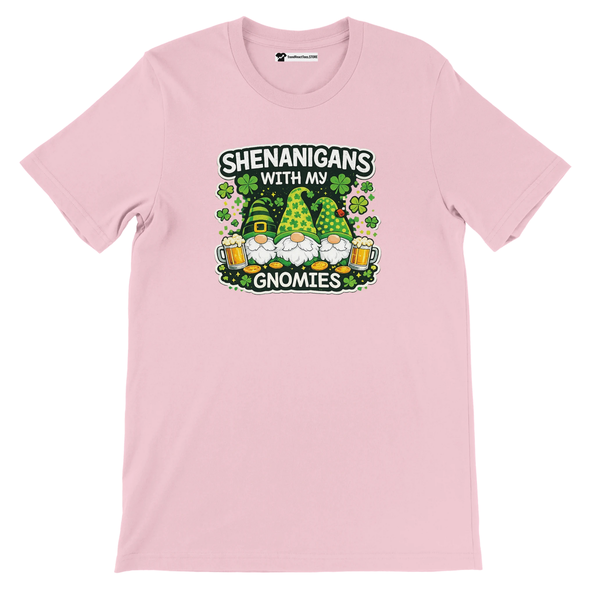 Pink tee with 'Shenanigans with my Gnomies' St. Patrick’s Day design, gnomes, beer, shamrocks