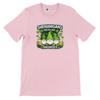 Pink tee with 'Shenanigans with my Gnomies' St. Patrick’s Day design, gnomes, beer, shamrocks
