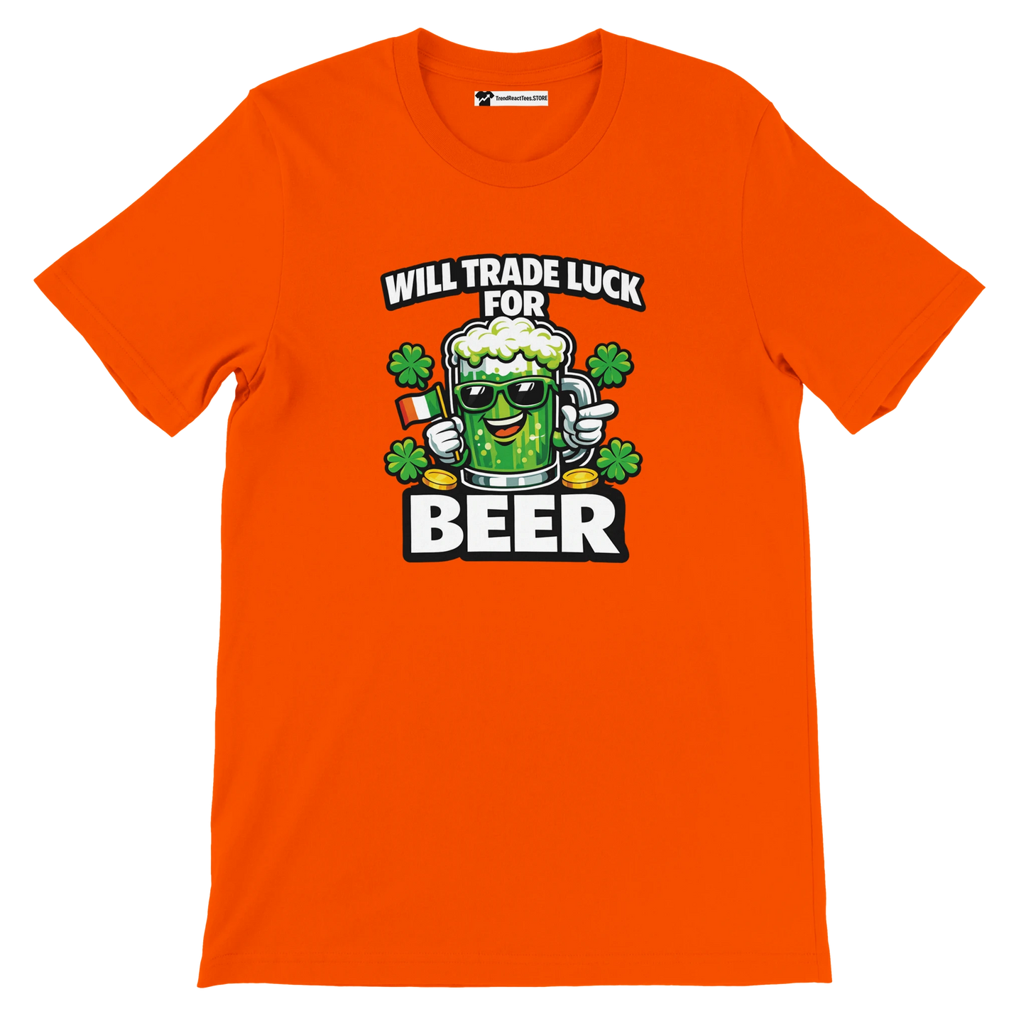 Orange St. Patrick’s Day tee with beer mug graphic, shamrocks, and 'Will Trade Luck For Beer' text