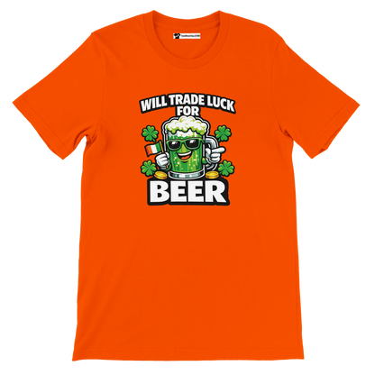 Orange St. Patrick’s Day tee with beer mug graphic, shamrocks, and 'Will Trade Luck For Beer' text