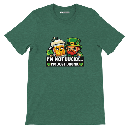 Green St. Patrick's Day tee with leprechaun, beer mug, and 'I'm Not Lucky... I'm Just Drunk' text