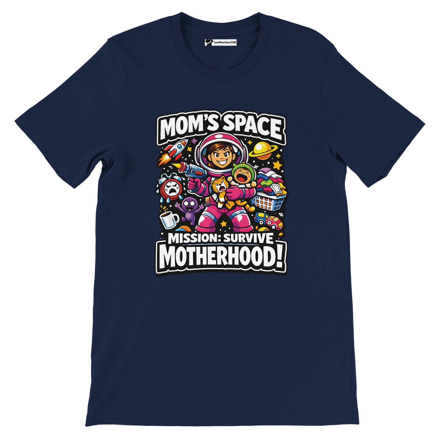 Navy t-shirt with cartoon mom astronaut and "Mom's Space Mission: Survive Motherhood" quote