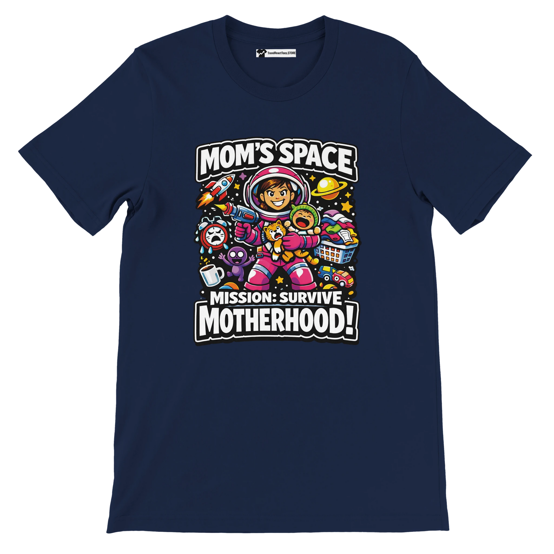 Navy t-shirt with cartoon mom astronaut and "Mom's Space Mission: Survive Motherhood" quote