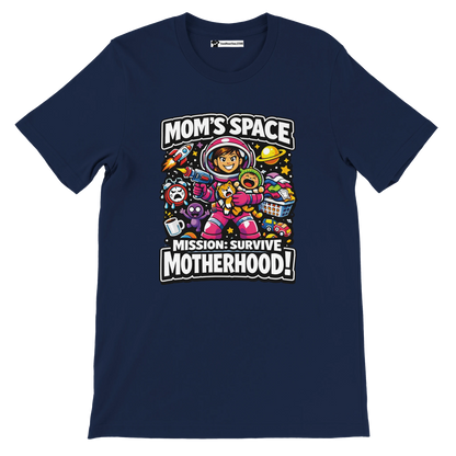 Navy t-shirt with cartoon mom astronaut and "Mom's Space Mission: Survive Motherhood" quote