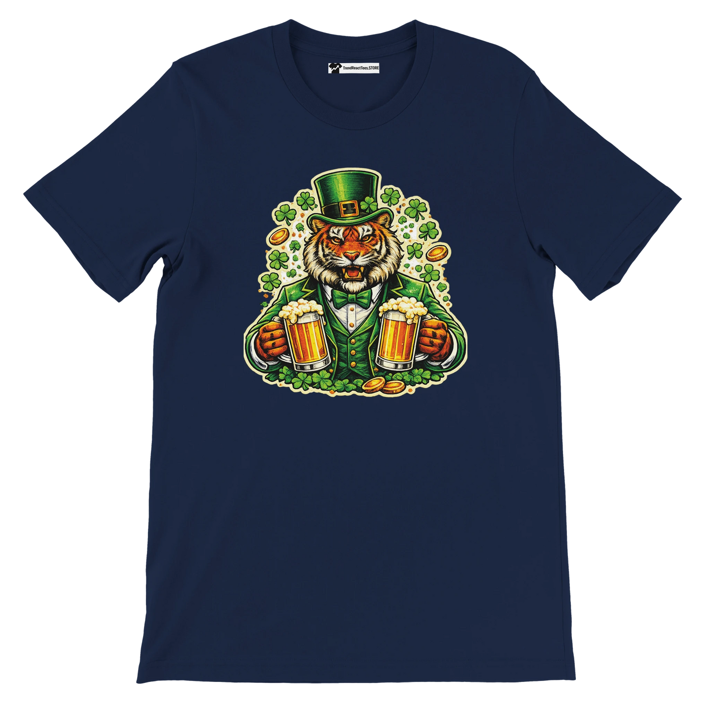 Navy blue t-shirt with anime-inspired tiger in St. Patrick's outfit holding beer mugs, shamrocks, and gold coins