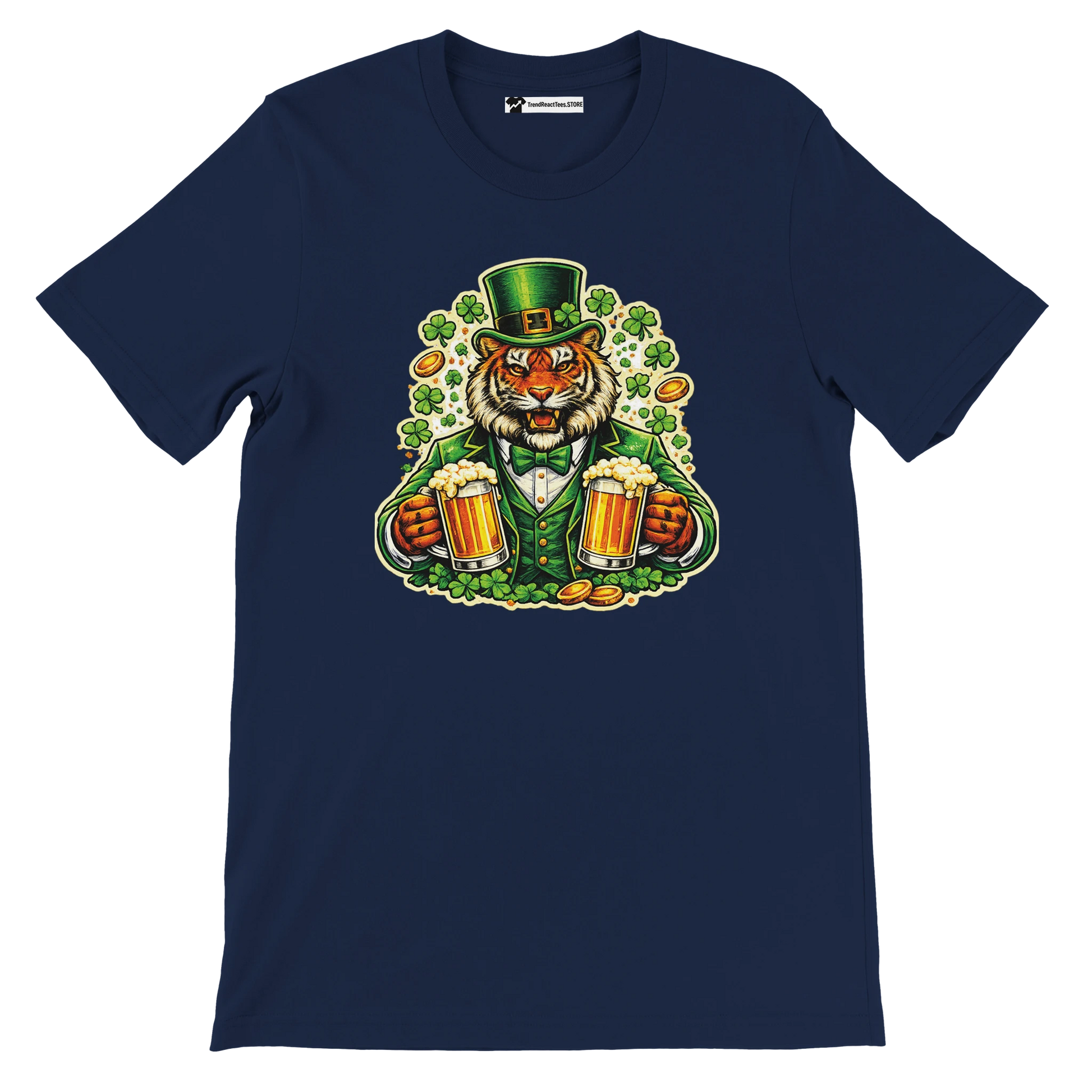 Navy blue t-shirt with anime-inspired tiger in St. Patrick's outfit holding beer mugs, shamrocks, and gold coins