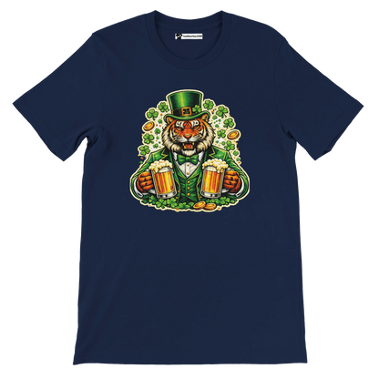 Navy blue t-shirt with anime-inspired tiger in St. Patrick's outfit holding beer mugs, shamrocks, and gold coins