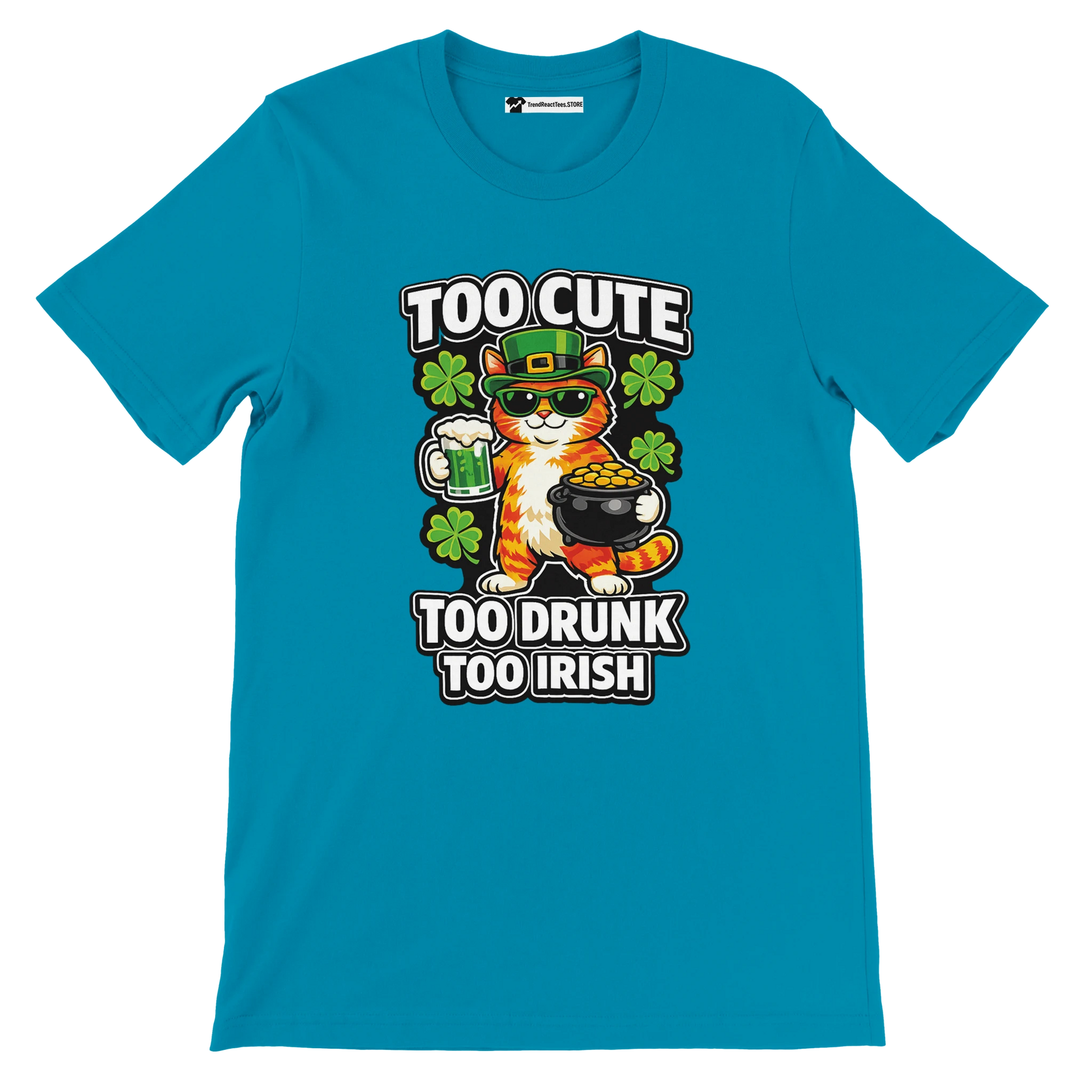 Teal t-shirt with cute cat in leprechaun hat, beer, gold, shamrocks, and St. Patrick’s Day quote
