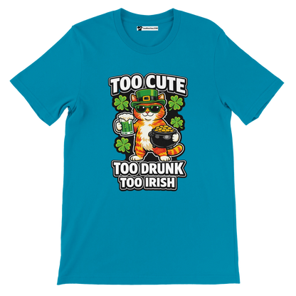 Teal t-shirt with cute cat in leprechaun hat, beer, gold, shamrocks, and St. Patrick’s Day quote