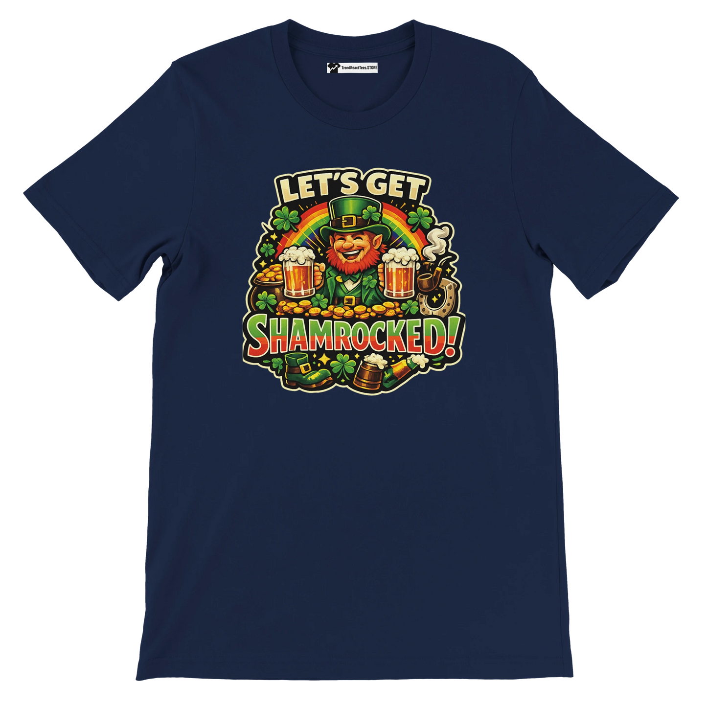 Navy blue St. Patrick's Day t-shirt with leprechaun, beer, shamrocks, and 'Let's Get Shamrocked!' text.