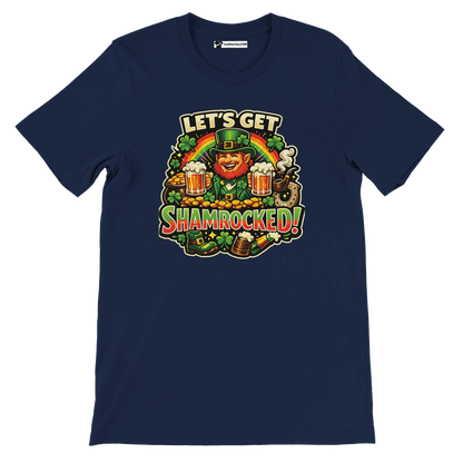 Navy blue St. Patrick's Day t-shirt with leprechaun, beer, shamrocks, and 'Let's Get Shamrocked!' text.