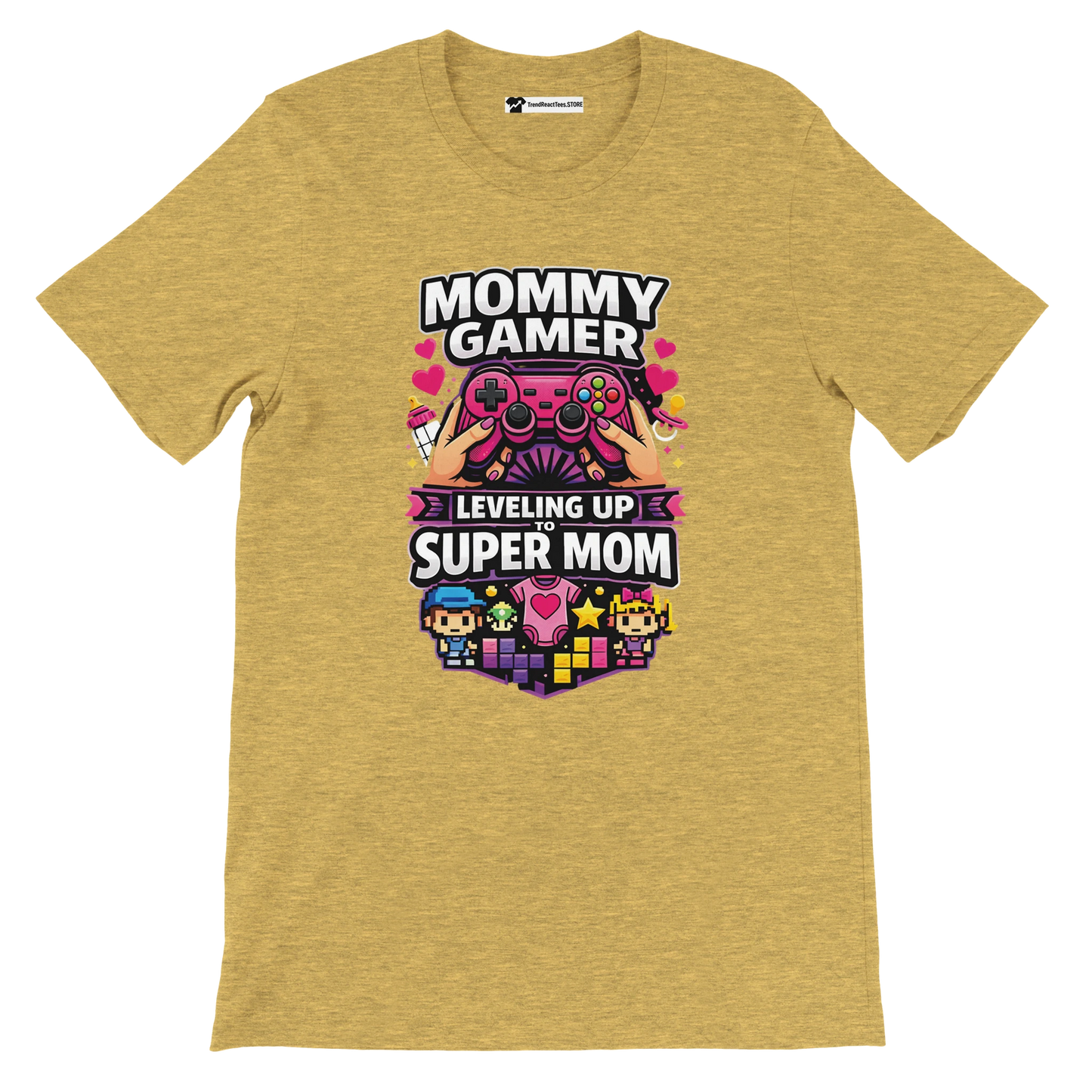 Yellow tee with gamer-themed design and text 'Mommy Gamer Leveling Up to Super Mom', pixel art icons.