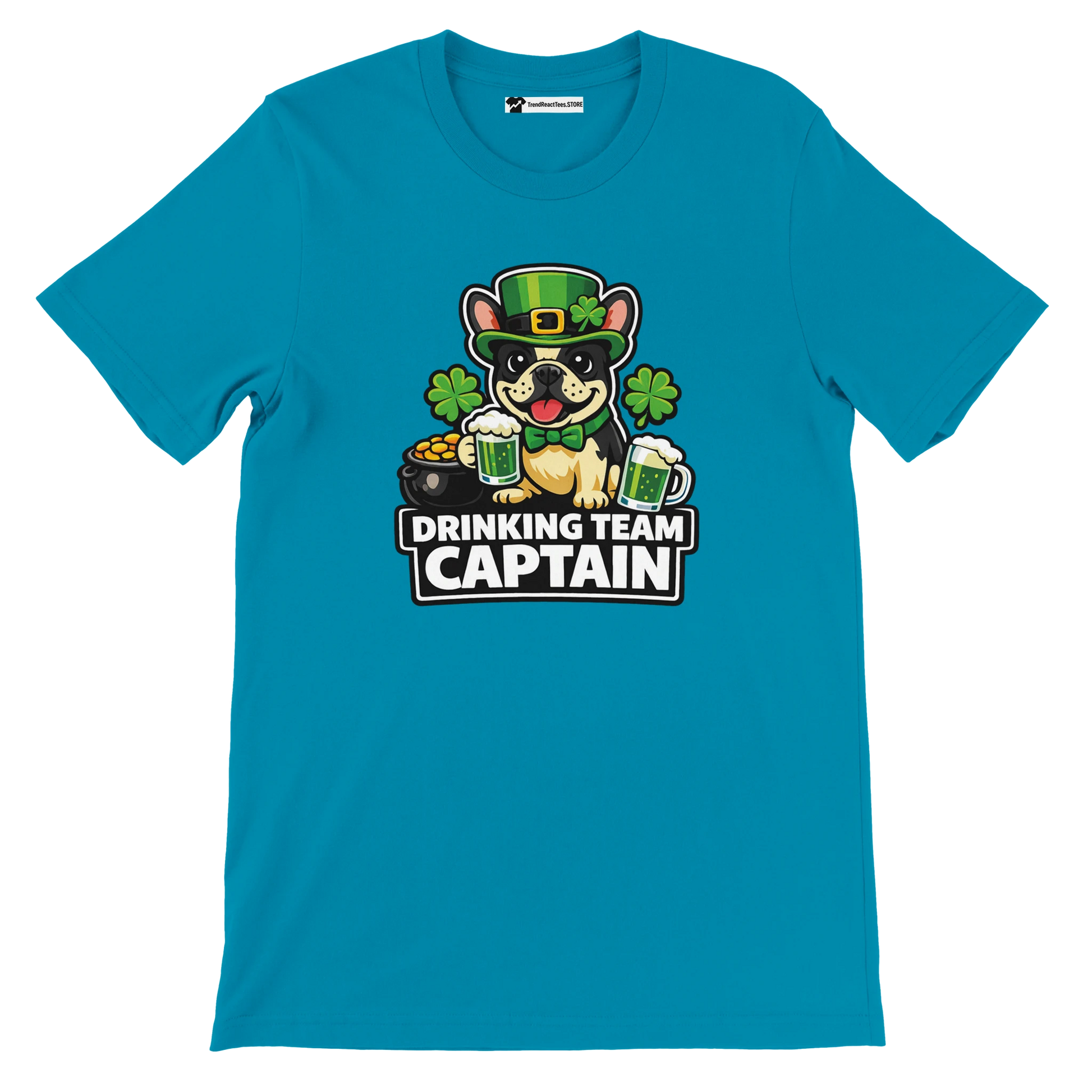 St. Patrick's Day dog tee with 'Drinking Team Captain' text, shamrocks, and beer mugs