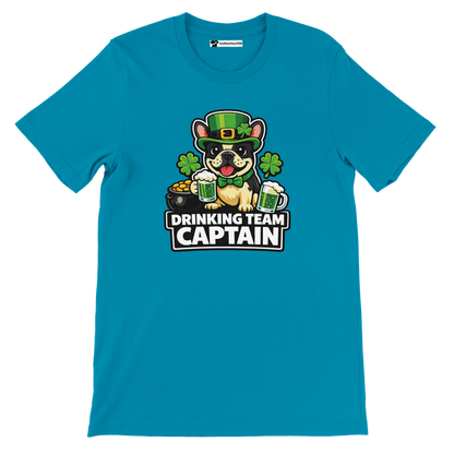 St. Patrick's Day dog tee with 'Drinking Team Captain' text, shamrocks, and beer mugs