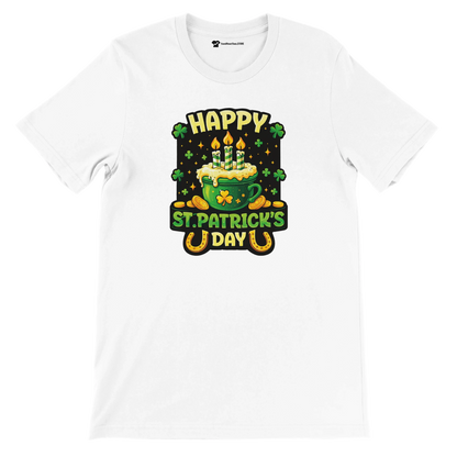 Happy St. Patrick's Day tee with green cake, shamrocks, and gold coins design